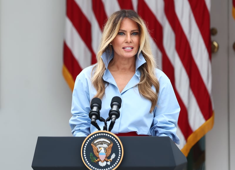 First lady Melania Trump speaks during an event announcing the expansion of a foster care initiative in the Rose Garden of the White House on August 20, 2026 in Washington, DC.