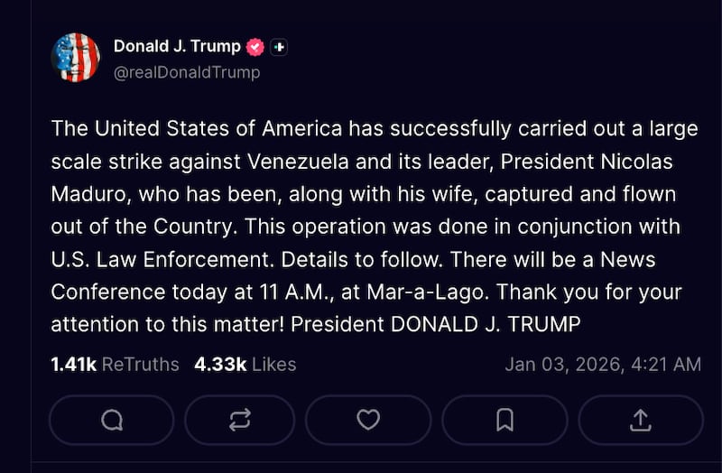 Donald Trump Truth Social 1-3-2026