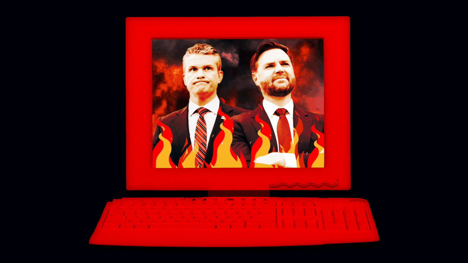 An animated gif of Pete Hegesth and JD Vance inside a burning computer screen.