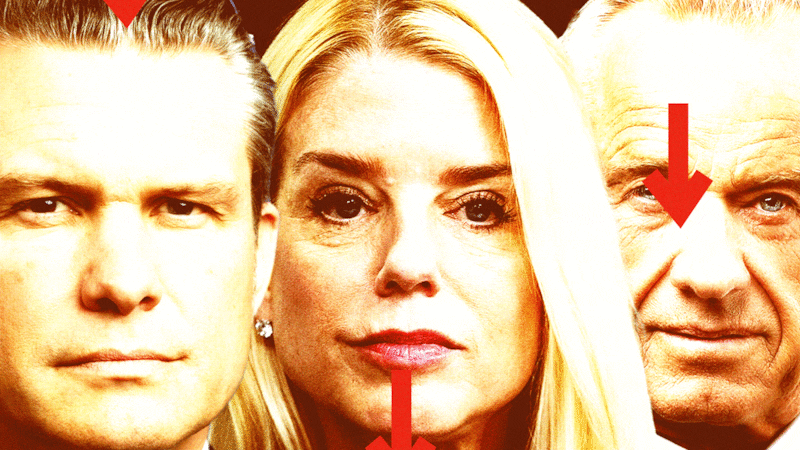 Pete Hegseth, Pam Bondi, and RFK Jr. with downward arrows moving