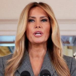 U.S. first lady Melania Trump delivers remarks regarding the late financier and convicted sex offender Jeffrey Epstein from the Grand Foyer of the White House in Washington, D.C., U.S., April 9, 2026. REUTERS/Evan Vucci