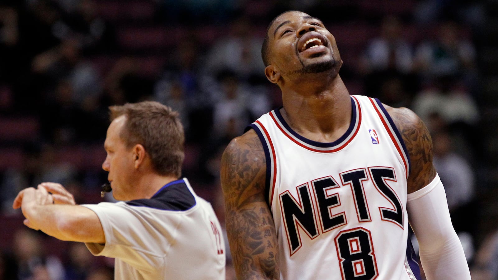 New Jersey Nets Terrence Williams (8) reacts after missing a shot against the Dallas Mavericks in the first quarter of their NBA basketball game in East Rutherford, New Jersey.