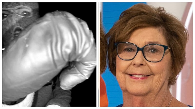 A split image of a suspect captured by Nancy Guthrie's Nest camera and Nancy Guthrie, who was last seen on Jan. 31.