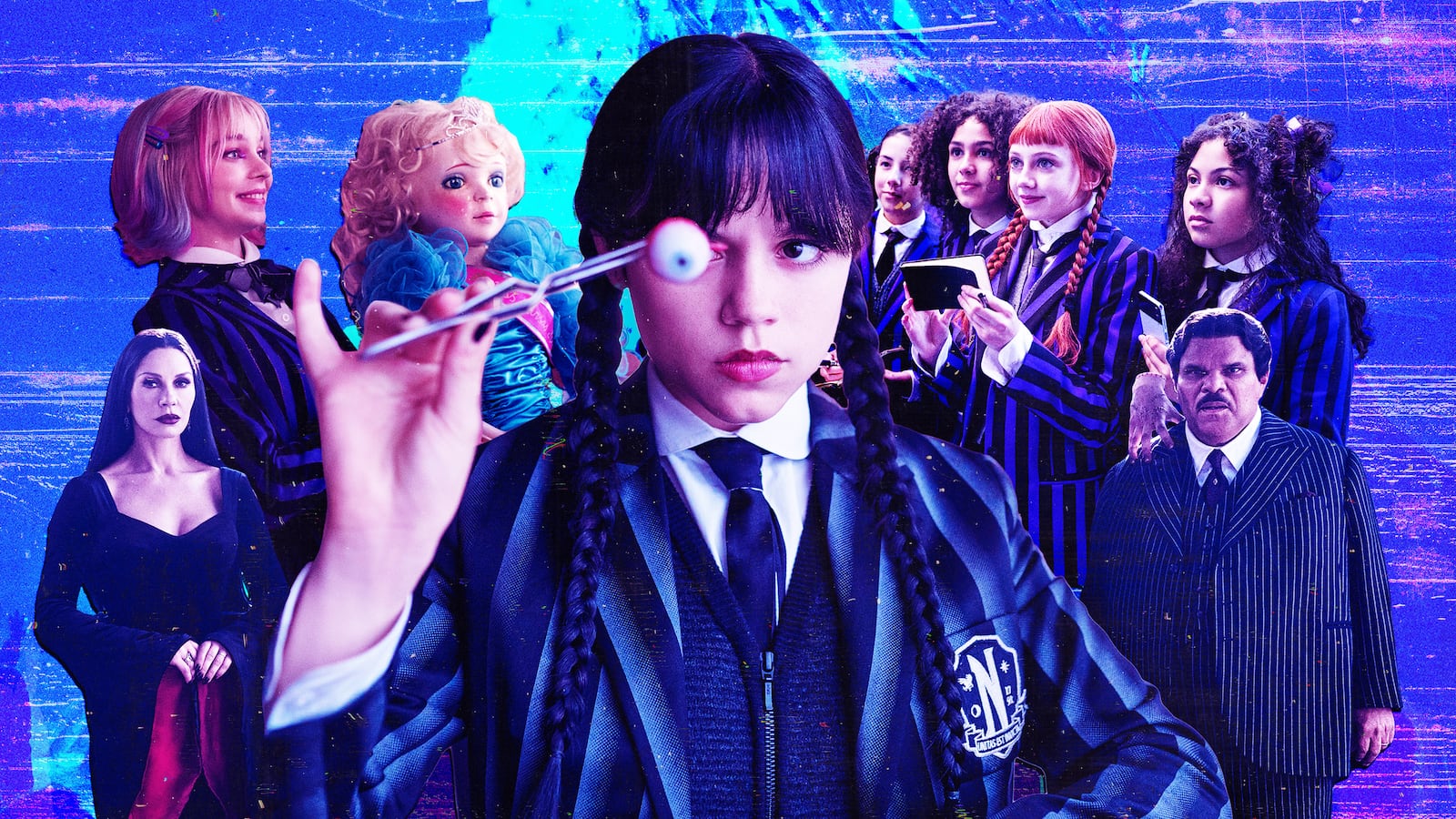 A photo illustration of Catherine Zeta-Jones, Jenna Ortega, Emma Myers, Evie Templeton, and Luis Guzmán on Wednesday.