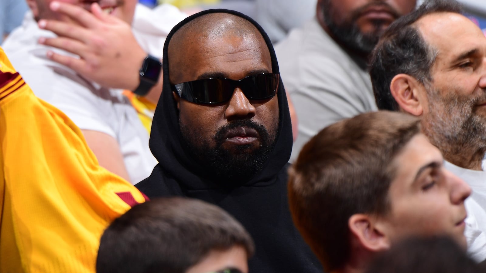 Kanye West attends the Cleveland Cavaliers game against the LA Clippers on April 7, 2024, at Crypto.Com Arena in Los Angeles, California.