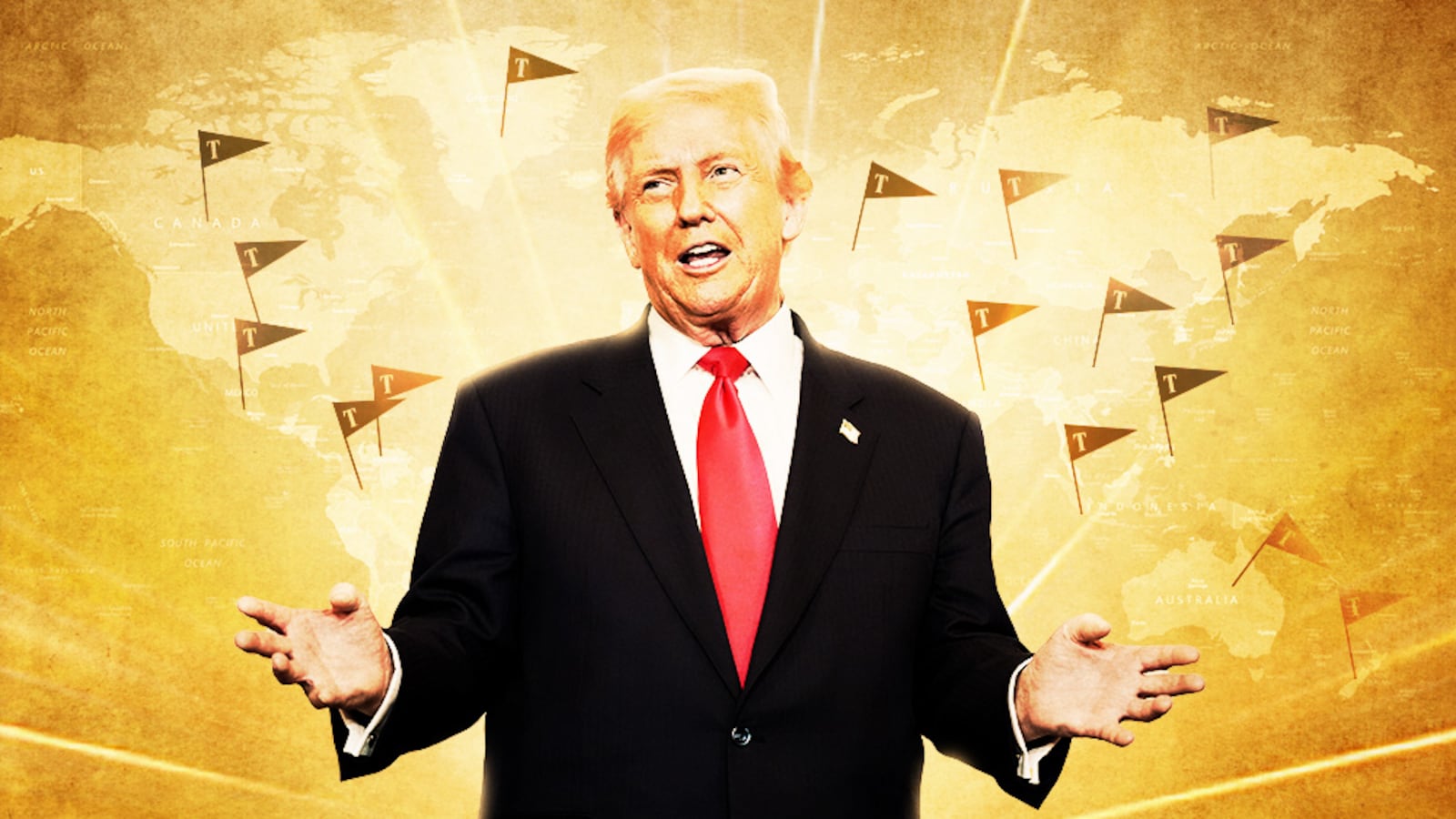 Donald Trump in front of a map with tiny Trump flags.