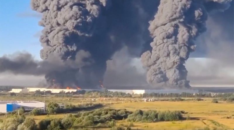 Smoke billows from a warehouse, after deadly Ukrainian drone attacks, as per regional governors, in Elektrostal, Moscow Region, Russia, July 18, 2026, in this screen grab obtained from a social media video. Social Media/via REUTERS  THIS IMAGE HAS BEEN SUPPLIED BY A THIRD PARTY. MANDATORY CREDIT. NO RESALES. NO ARCHIVES. NEWS USE ONLY.   Verification lines:  - Warehouse, buildings, and vegetation matched satellite imagery. - Date verified by statement from the governor of the Moscow region, Andrei Vorobyov, who said 24 people were injured following a drone attack on another Wildberries warehouse in Elektrostal, a city east of Moscow. - NASA Firms detected thermal activity in the area on the morning of July 18 and fire was seen on video.