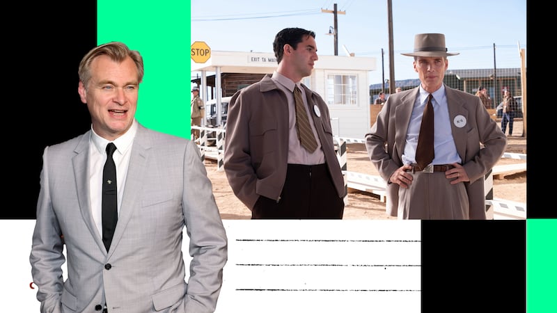 A photo illustration of Christopher Nolan with a still from Oppenheimer