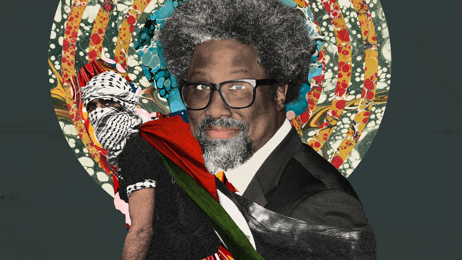 Photo illustration of W Kamau Bell and a Palestinian man