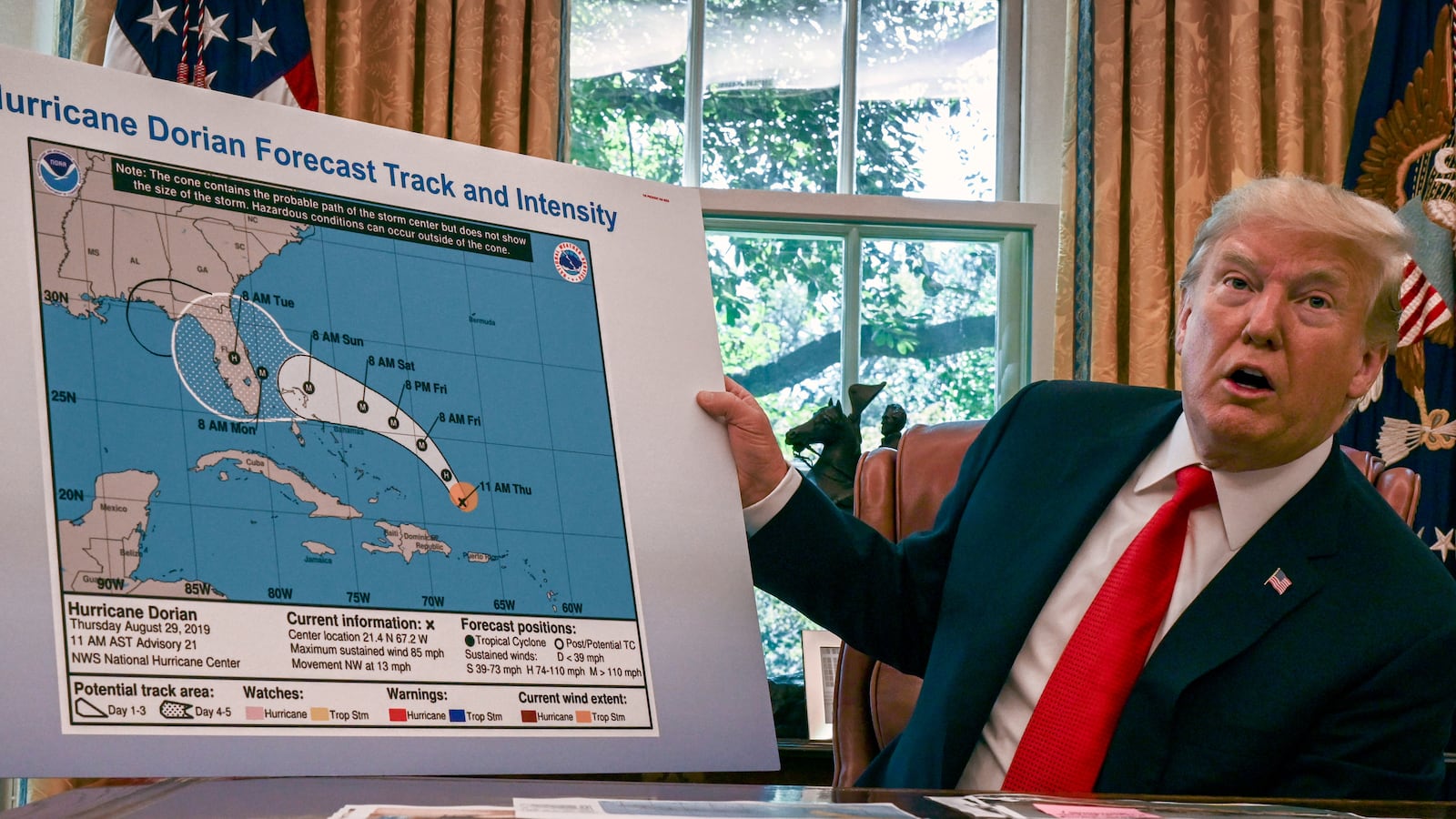 President Donald Trump during an Oval Office briefing on the status of Hurricane Dorian, in Washington, DC.