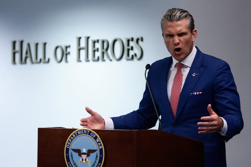 Pete Hegseth speaks at a ceremony honoring Marines who served at Abbey Gate at Hamid Karzai International Airport in Kabul during the deadly 2021 suicide bombing.