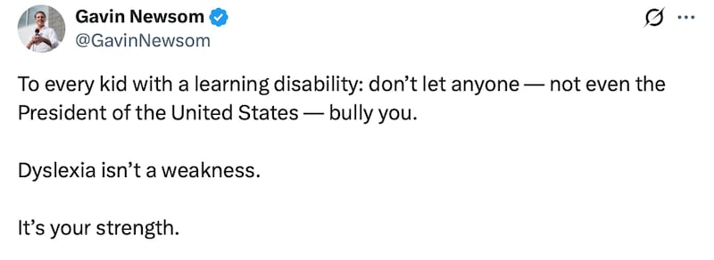 Gavin Newsom posts a personal message on X.