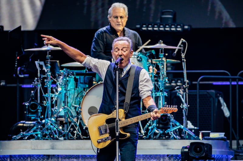 Max Weinberg of The E Street Band and Bruce Springsteen perform at Stadio San Siro on June 30, 2025