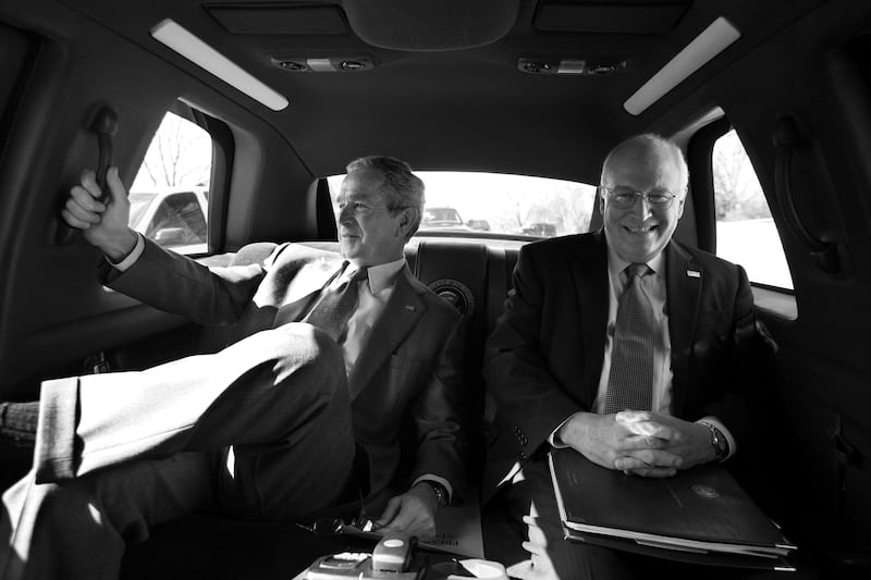 Vice President Cheney and President George W. Bush riding in back of a limousine smiling, Washington D.C., Washington, USA, February 28, 2008—Cheney was Bush’s most-trusted adviser and is still thought of as the most powerful vice president in U.S. history.