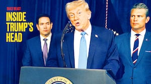 Donald Trump speaks about US military strikes in Venezuela while Marco Rubio and Pete Hegseth look on.