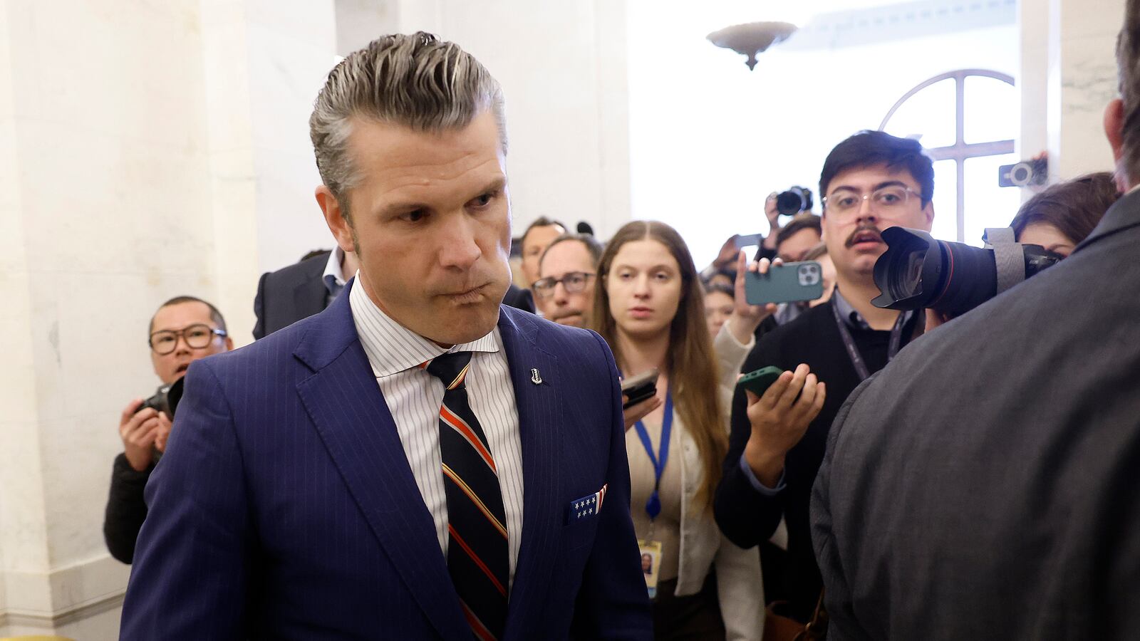 President-elect Donald Trump's nominee to be Secretary of Defense Pete Hegseth leaves the Russell Senate Office Building on November 21, 2024 in Washington, DC. Hegseth was on Capitol Hill meeting with Senators to discuss his nomination and qualifications.