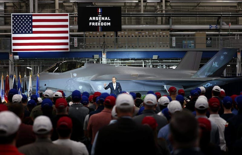 Defense Secretary Pete Hegseth speaks at Lockheed Martin's Fort Worth, Texas facility on Monday, Jan. 12, 2026, as part of his "Arsenal of Freedom" industry tour. The Fort Worth facility builds the F-35 Lightning II fighter aircraft.