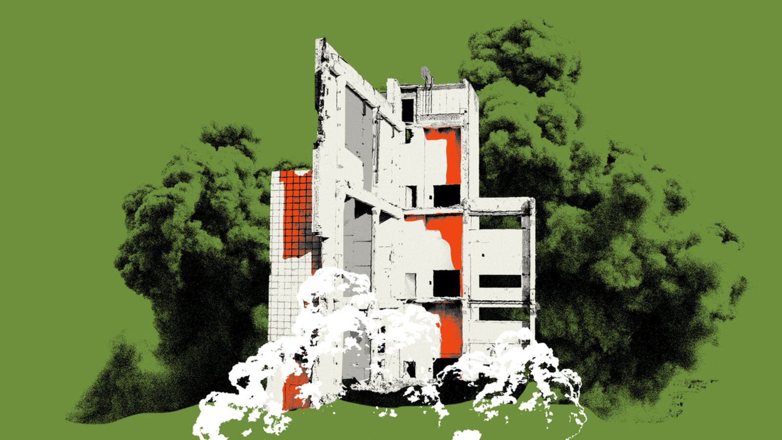 Photo illustration of a destructed building with smoke rising from an explosion in front and behind