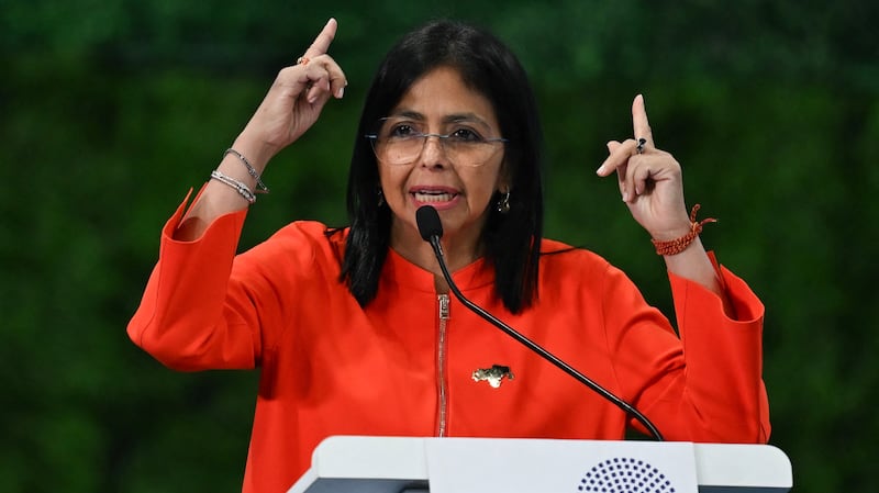 Venezuela's Vice President Delcy Rodriguez speaks during the Antifascist Global Parliamentary Forum in Caracas on November 5, 2024. (Photo by Juan BARRETO / AFP) (Photo by JUAN BARRETO/AFP via Getty Images)