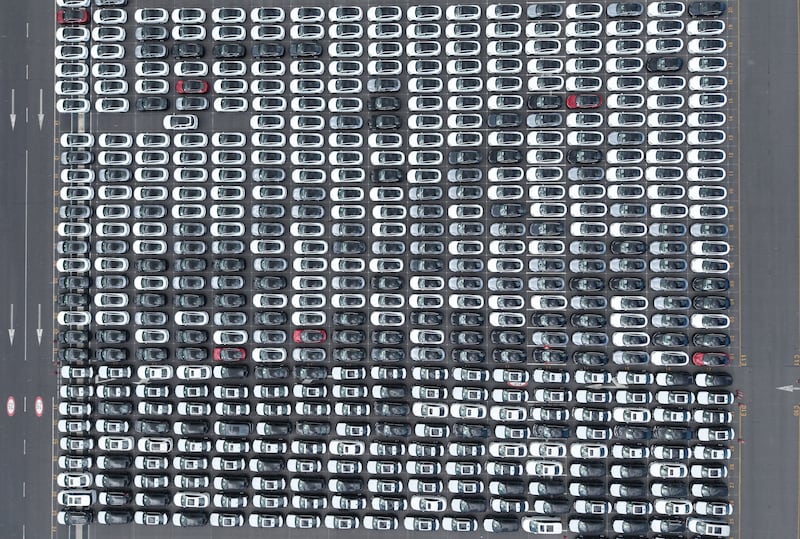 A large number of new energy vehicles wait for export at the Shanghai Port Auto