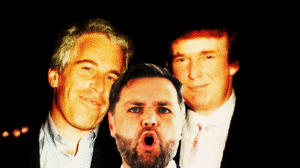 Donald Trump and Jeffrey Epstein with JD Vance moving up and down into the frame