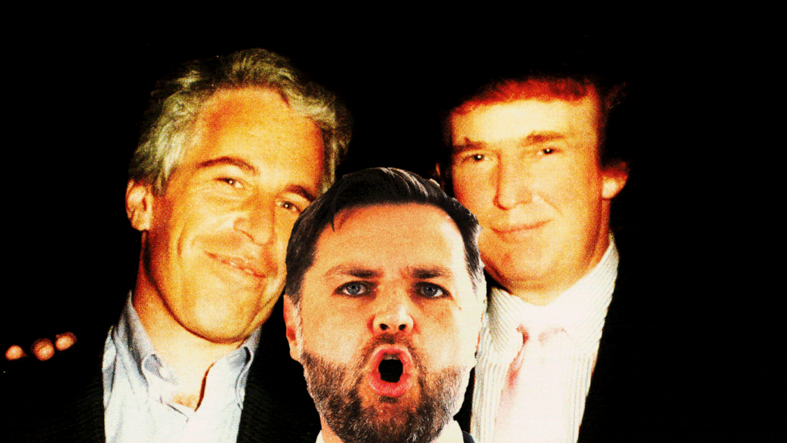Donald Trump and Jeffrey Epstein with JD Vance moving up and down into the frame