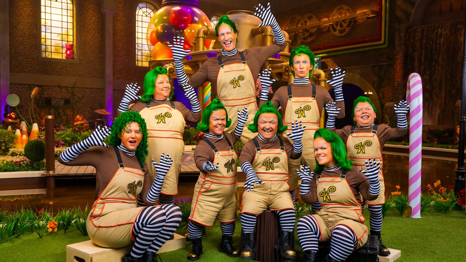 Alivia McCarthy, Beccy Benjamin, Ben Goffe, Mitchell Marione, Rusty Goffe, Ash Magic, Tiffany, Dane Noonan in Season 1 of Wonka's The Golden Ticket.