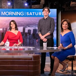 NEW YORK - APRIL 24: CBS THIS MORNING: SATURDAY co-hosts Jeff Glor, Dana Jacobson and Michelle Miller with Executive Producer Brian Applegate. (Photo by Gail Schulman/CBS via Getty Images)