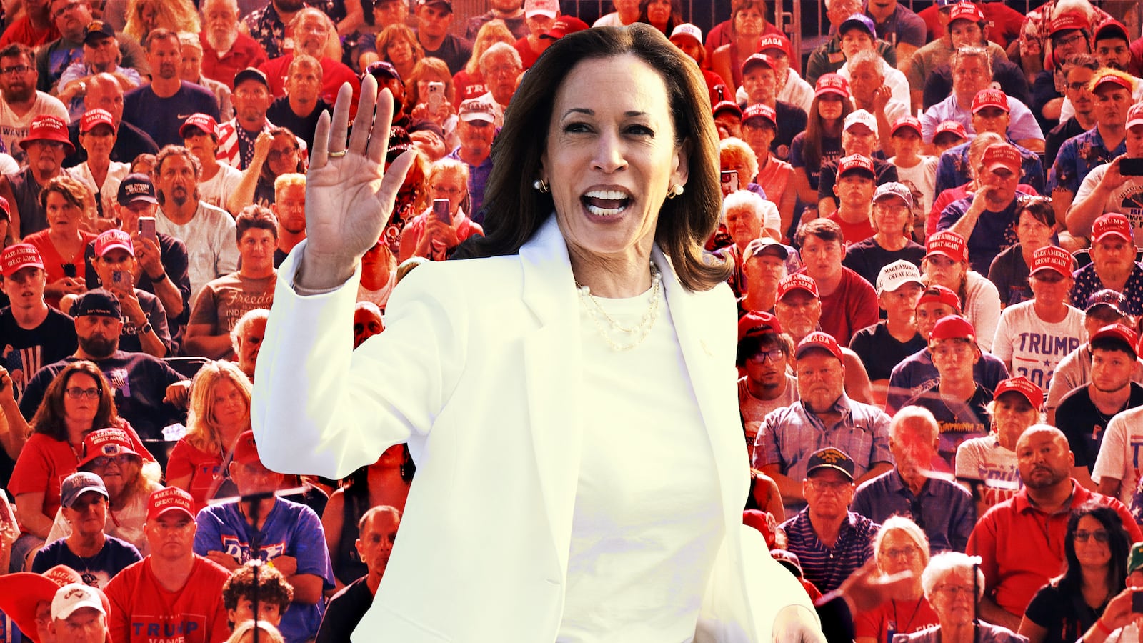 Photo illustration of Kamala Harris with MAGA supporters behind her.
