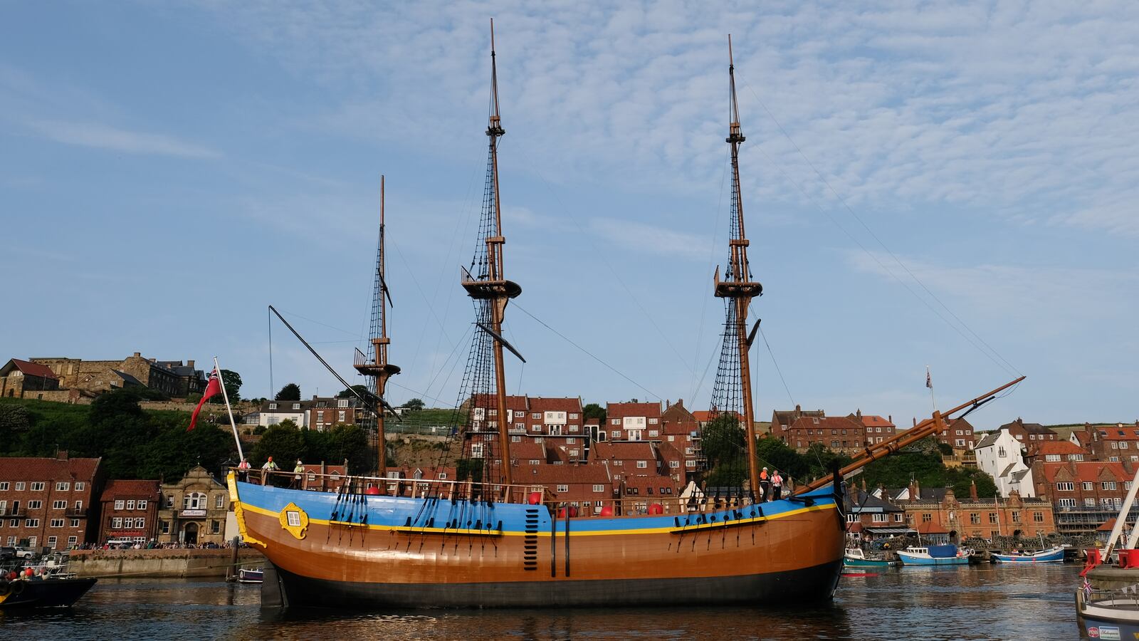 A replica of Captain James Cook's ship "Endeavour" in Whitby Harbour, England.
