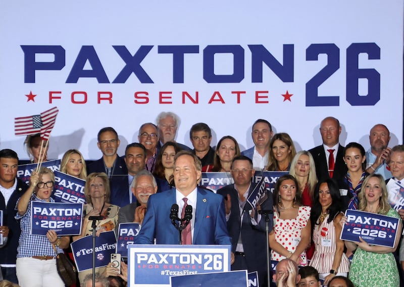 Texas Attorney General Ken Paxton speaks to supporters after winning the Republican runoff election for U.S. Senate in Texas, defeating incumbent U.S. Senator John Cornyn, in Plano, Texas, U.S., May 26, 2026.