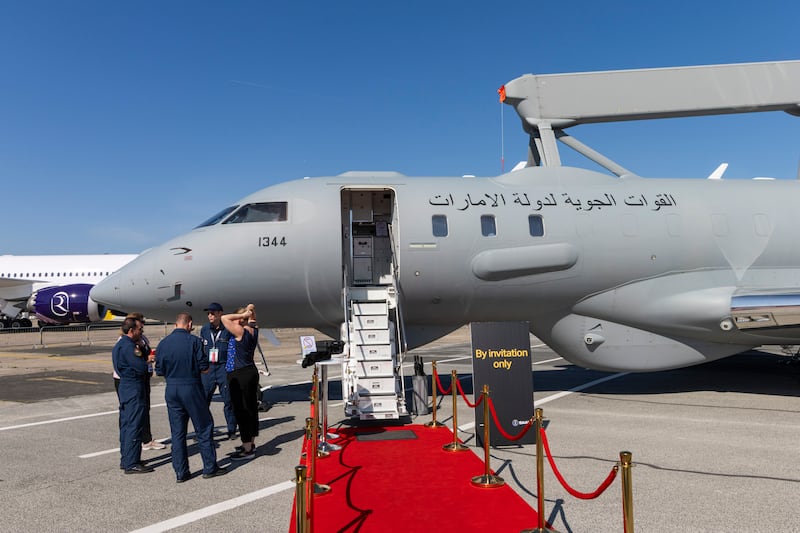 Bombardier Global 6500 ( BD-700 - 1A10) Global Eye military aircraft, a Saab GlobalEye system known as a flying radar, Airborne Early Warning and Control AEW&C of the United Arab Emirates UAE Air Force operating from the Central Air Command - HQ at Dubai Al Minhad Air Base, displayed during Paris Air Show in Le Bourget Airport, France on June 18, 2025 (Photo by Nicolas Economou/NurPhoto via Getty Images)