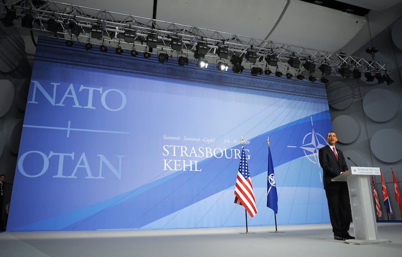 US President Barack Obama speaks during a press conference in Strasbourg, France on April 4, 2009, at the conclusion of the NATO summit.