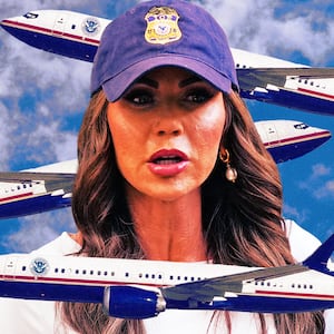 A photo illustration of Kristi Noem surrounded by DHS branded 737 aircraft.