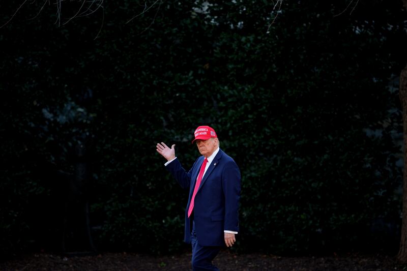 President Donald Trump waves to members of the media as he walks towards Marine One on the South Lawn of the White House on February 28, 2025 in Washington, D.C.