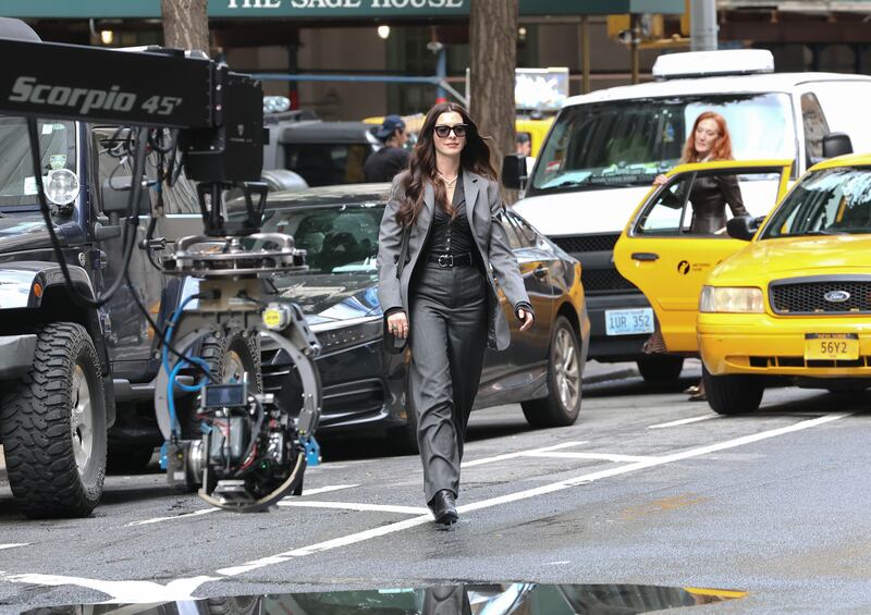 Anne Hathaway is seen on the set of "The Devil Wears Prada 2" on August 27, 2025