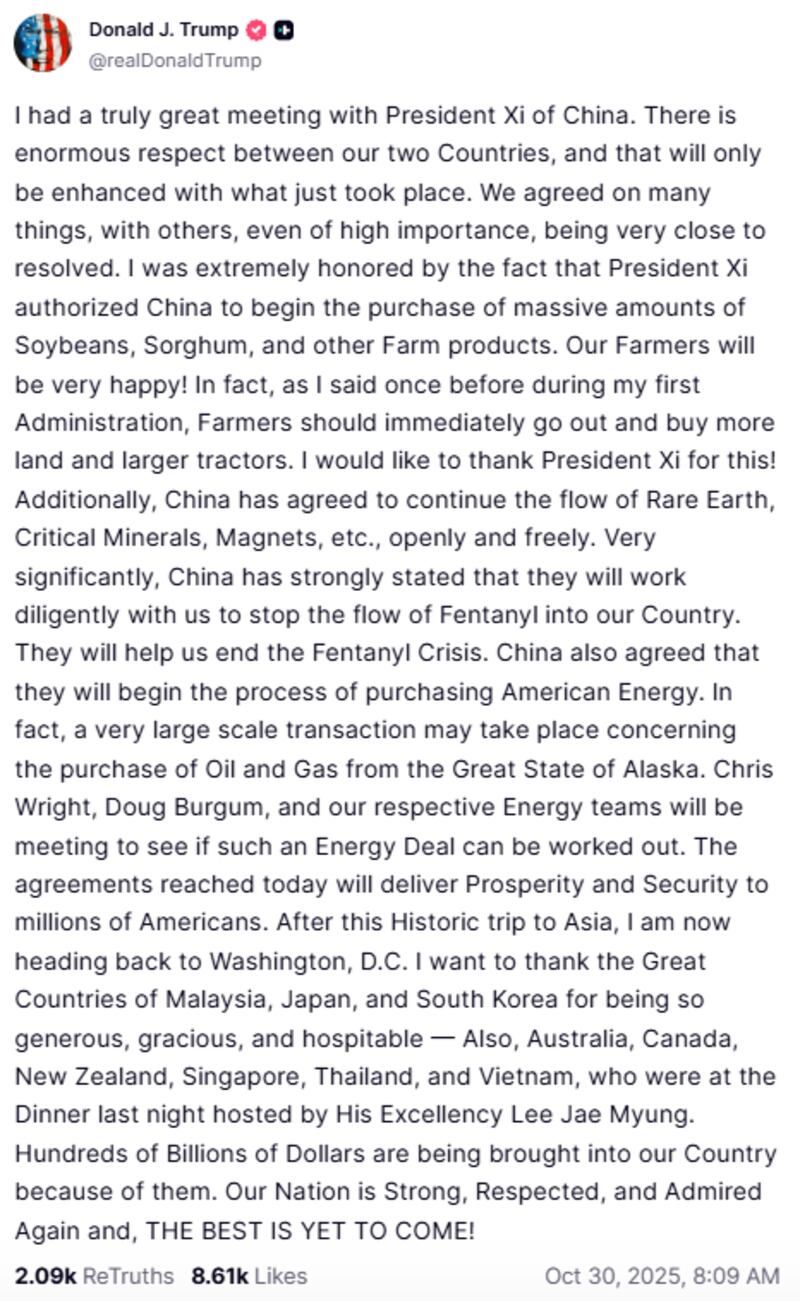 Trump announced a trade deal with China following an "amazing" meeting with President Xi.