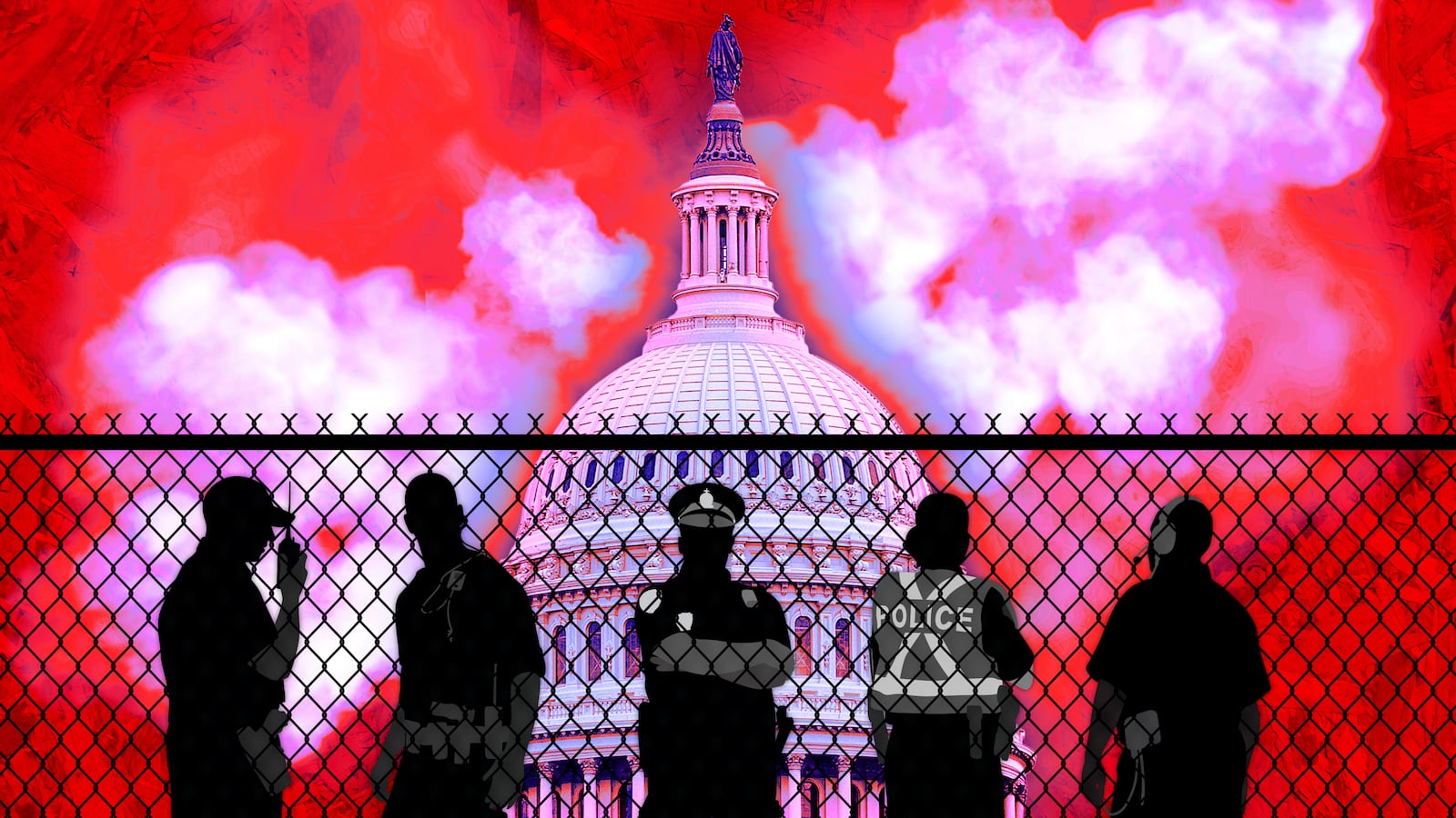 A photo illustration of the Capitol building, security and fencing.