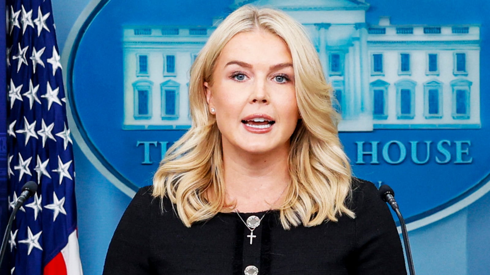 The White House press secretary Karoline Leavitt, speaks during a press briefing in the James S. Brady Press Briefing Room of the White House, on August 28, 2025, in Washington D.C. (Photo by Mehmet Eser / Middle East Images via AFP) (Photo by MEHMET ESER/Middle East Images/AFP via Getty Images)