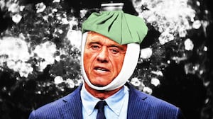 Illo illustration of Robert F Kennedy, Jr (RFK Jr) wearing an ice pack on his head and a gauze wrap on his head in front of a close up image of mumps