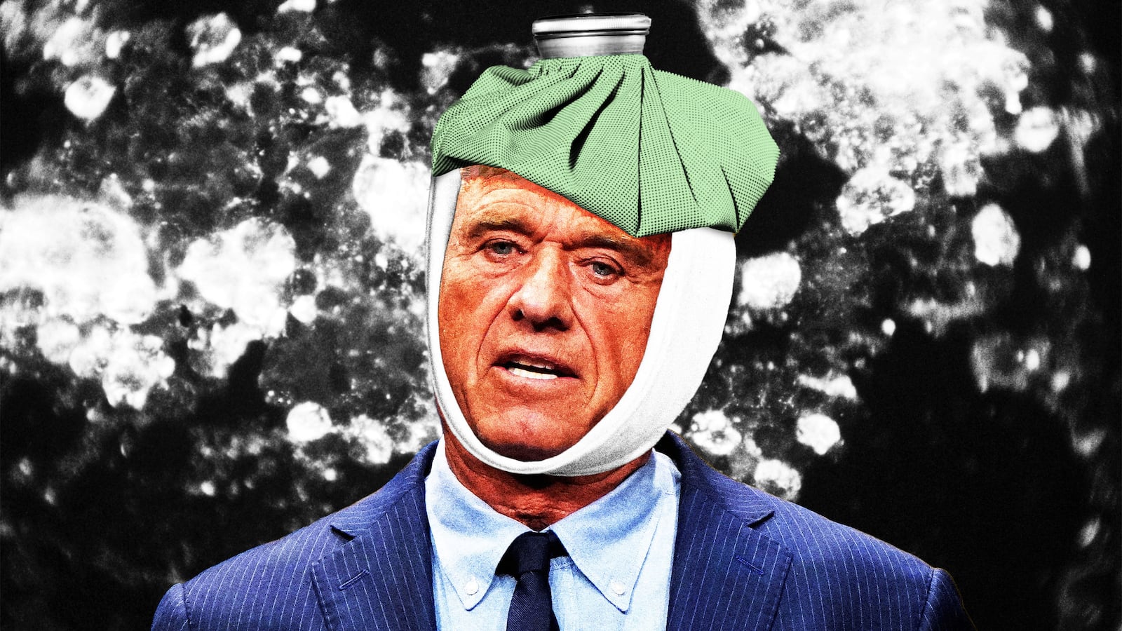 Illo illustration of Robert F Kennedy, Jr (RFK Jr) wearing an ice pack on his head and a gauze wrap on his head in front of a close up image of mumps