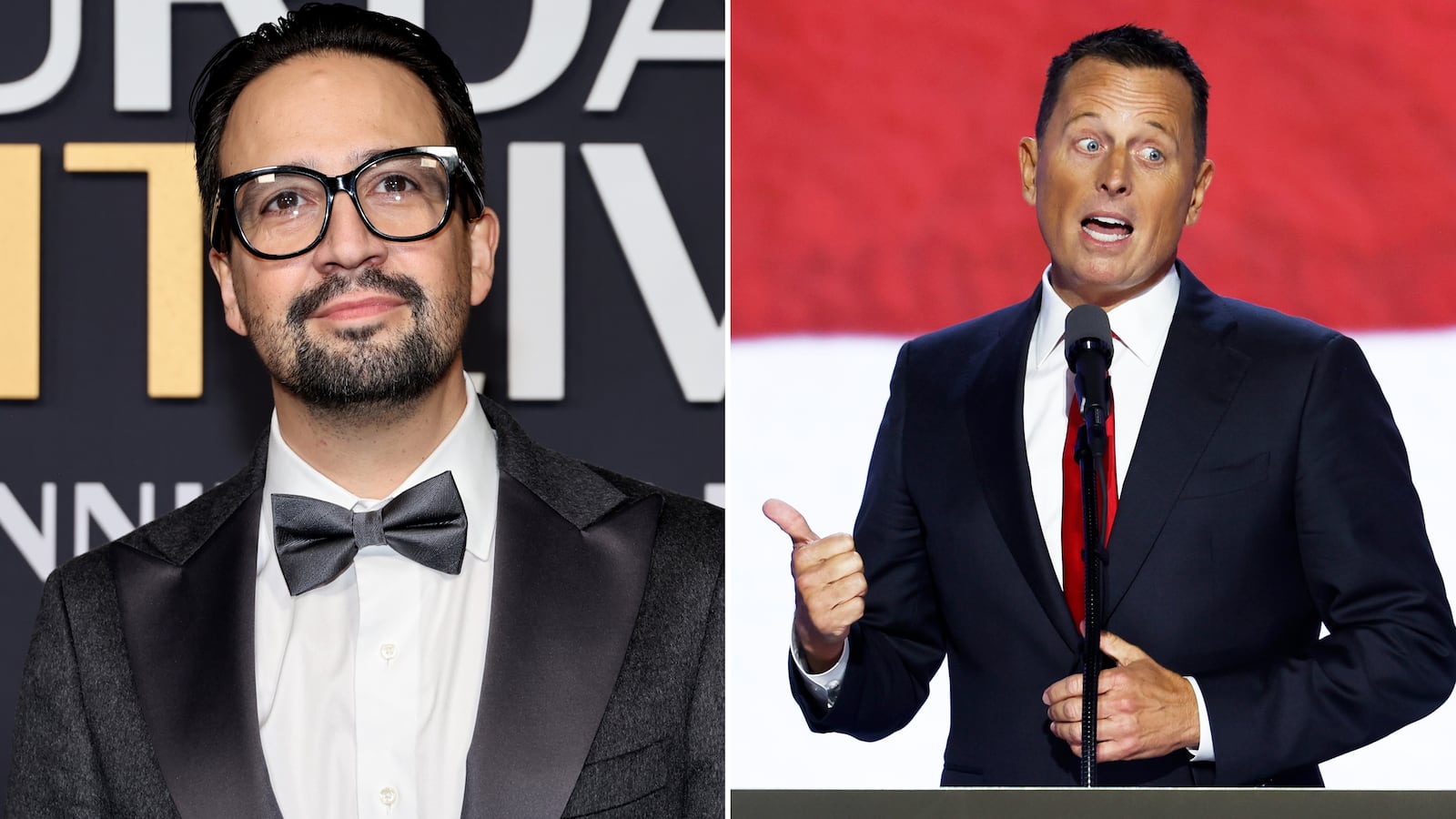 Lin Manuel Miranda, Ric Grenell split image