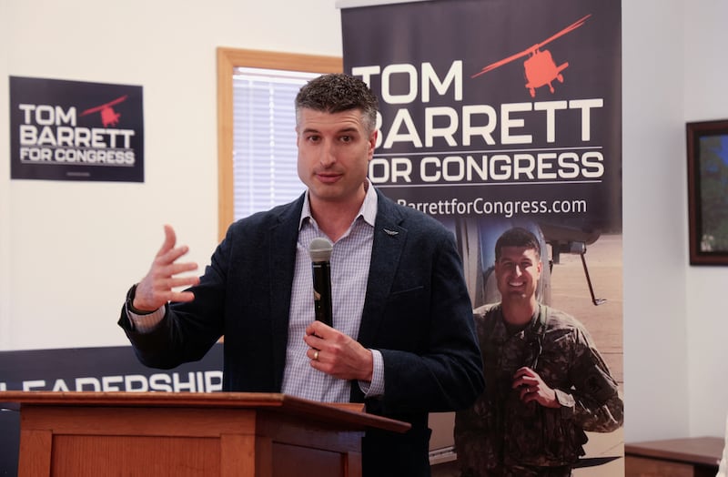 Republican U.S. Congressman Tom Barrett addresses supporters at his campaign office in Brighton, Michigan, U.S., April 17, 2026.