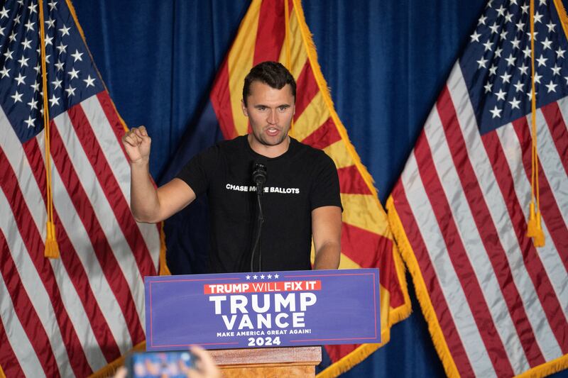 Co-founder of Turning Point USA Charlie Kirk speaks during the rally of Republican U.S. vice presidential nominee Senator JD Vance in Scottsdale, Arizona, U.S. November 2, 2024. REUTERS/Go Nakamura