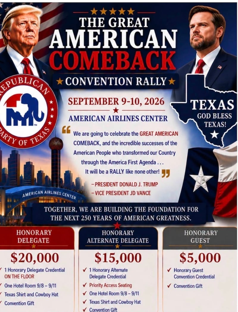 Texas GOP initially sold convention ticket packages for up to $20,000 that included perks such as “honorary delegate” credentials, floor access, and a Texas shirt and cowboy hat.