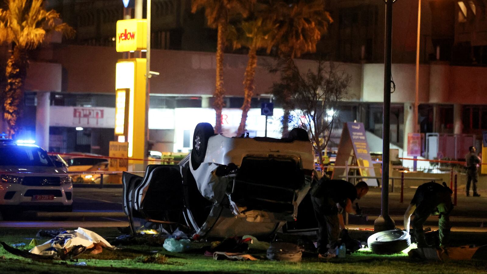 The attacker’s overturned car in Tel Aviv, Israel.