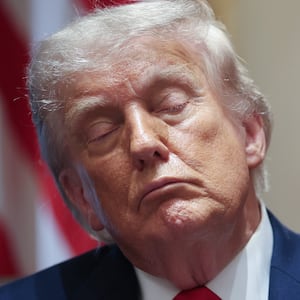 President Donald Trump listens to members of his Cabinet speak during a meeting in the Cabinet Room of the White House on May 27, 2026 in Washington, DC.