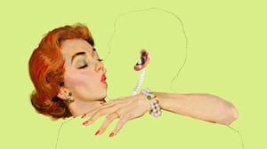 A woman kissing an outlined man with his ear and ear piece showing