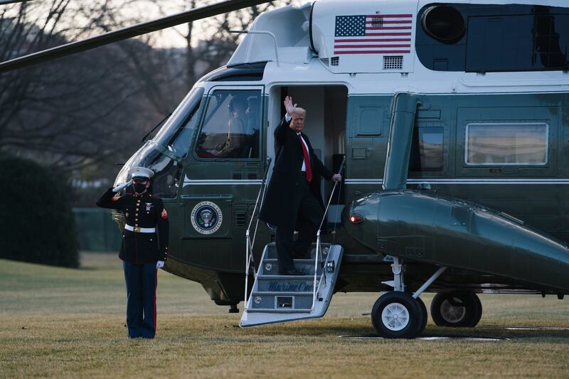 Donald Trump departs the White House on January 20, 2021, several hours ahead of the inauguration ceremony for Joe Biden, making him the first president in more than 150 years to refuse to attend the inauguration.