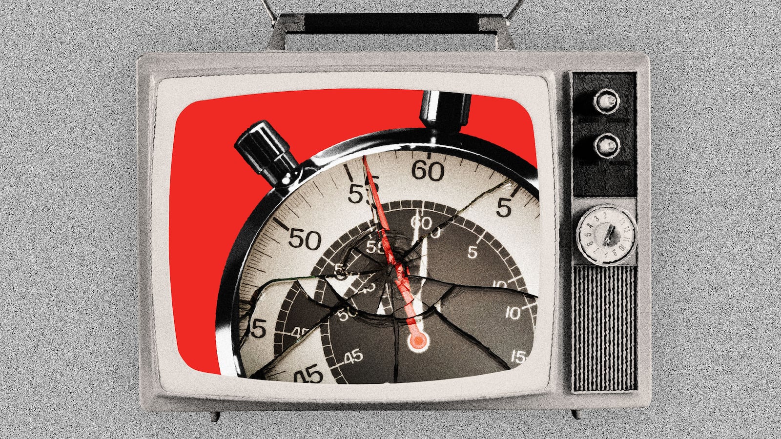 Old television containing a cracked glass stopwatch from the 60 Minutes logo